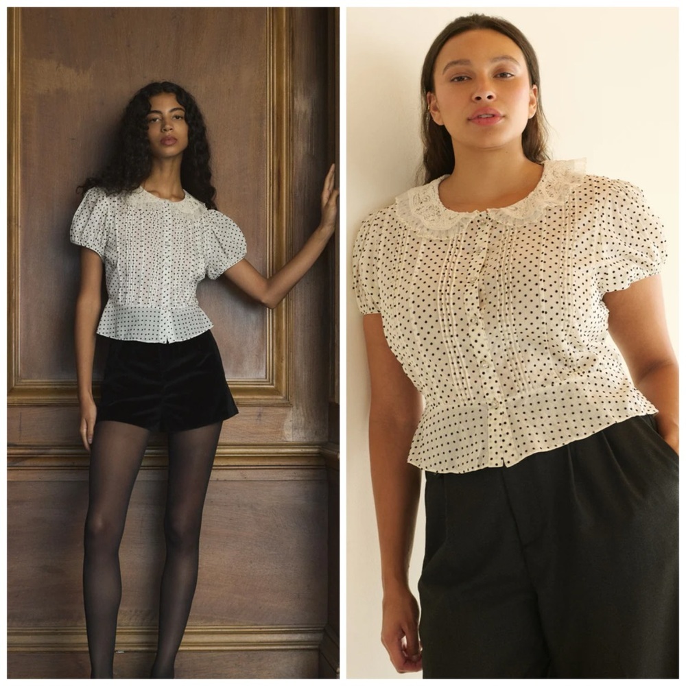 Doen Oleta Top Sea Salt Polka Dot Puff Sleeve Lace Collar Blouse Size XXL NWT​